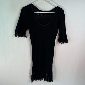 Womens Long Sleeves Black Knit Fringe Sweater Dress Size S